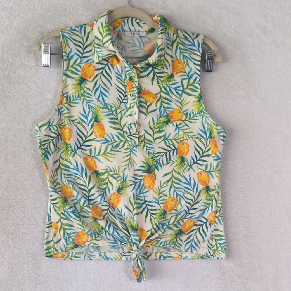 Pineapple Print Tie-Hem Sleeveless Top - White/Yellow
